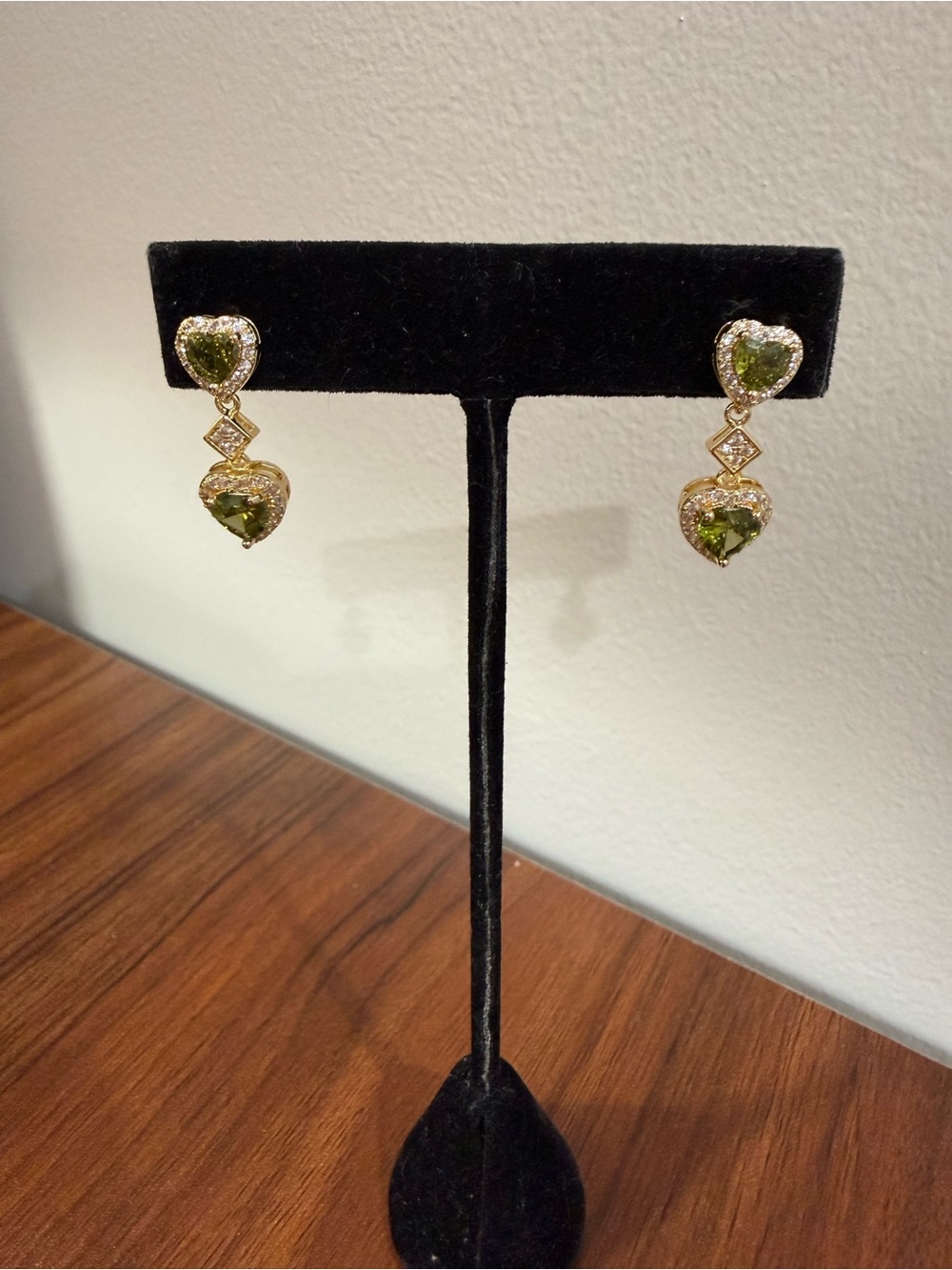 Gold Heart Drop Earrings With Peridot Stones